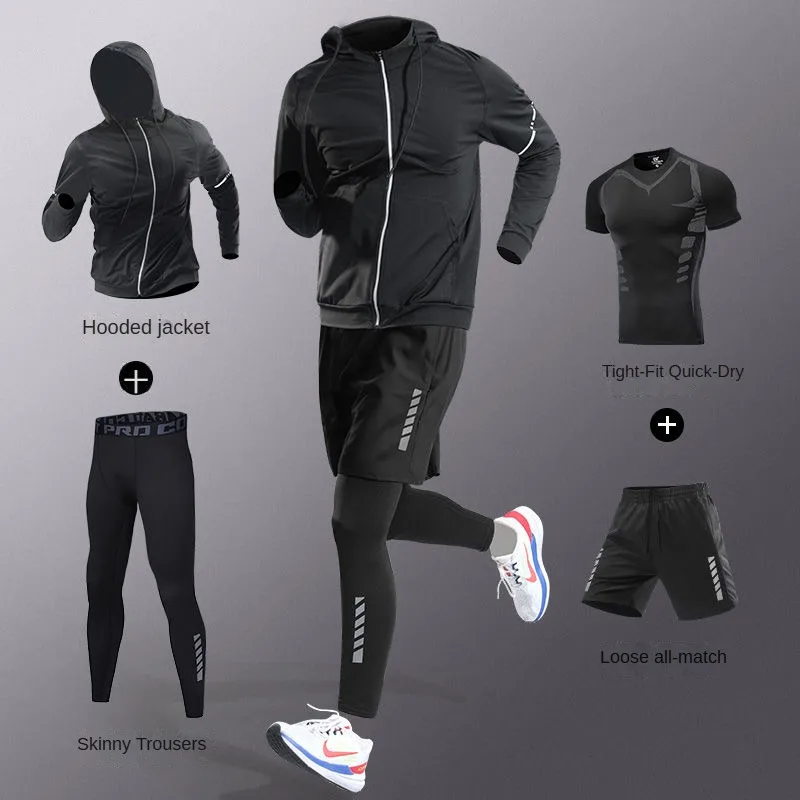Running Jogging Gear - 3–7 Stück Herren-Eisfaser-Schnelltrocknender Lauf-Fitness-Komplettset/Anzug-Trainingsanzug für Marathon,