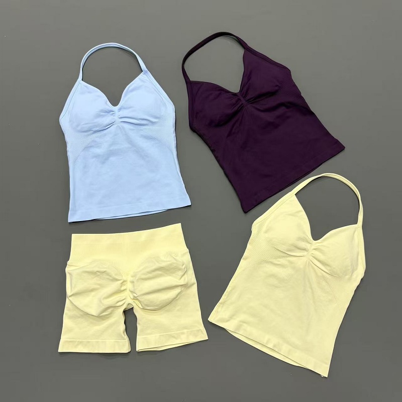 Running Jogging Gear - 2-teiliges Damen-Workout-Set, nahtlose, hochelastische Shorts, Neckholder-Tanktop,